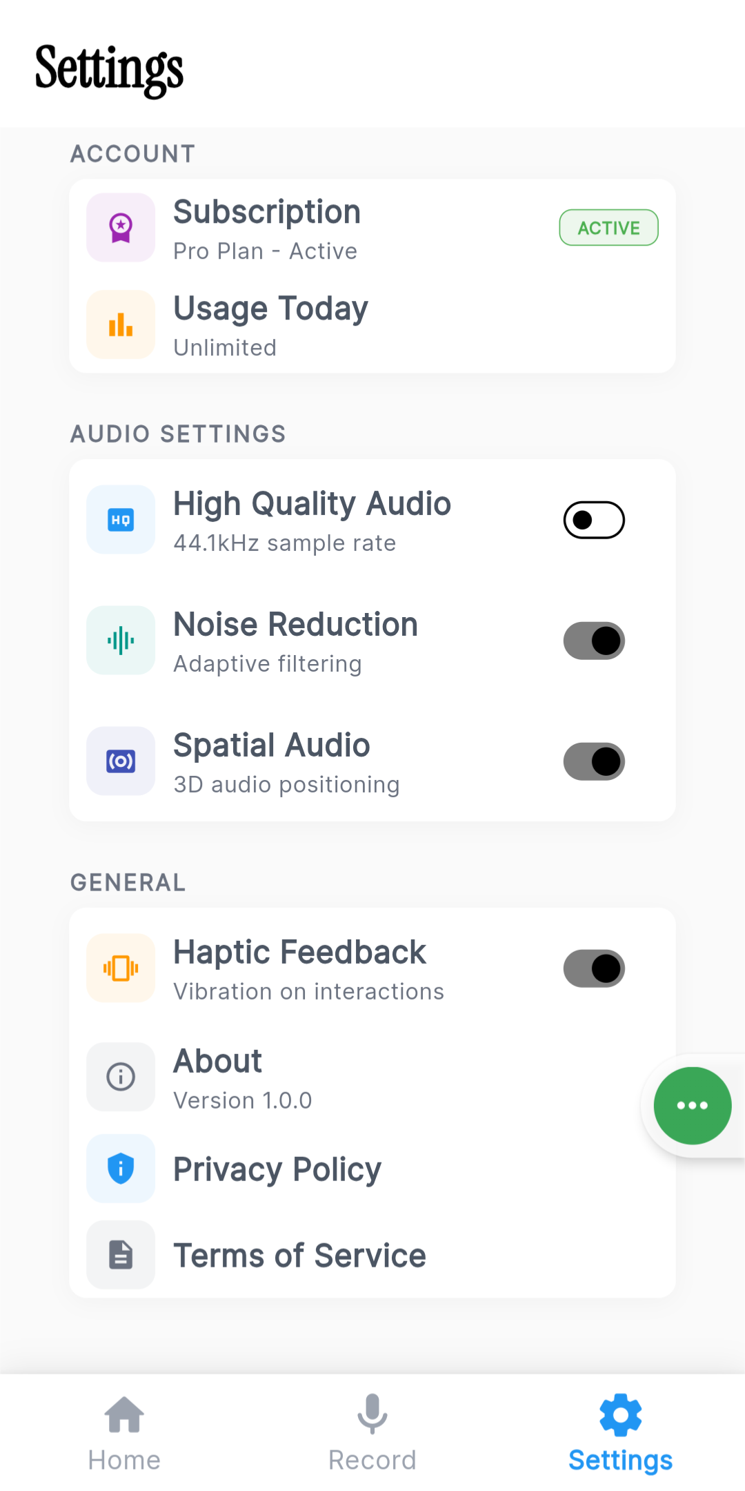 CamaraMagic Settings Screen